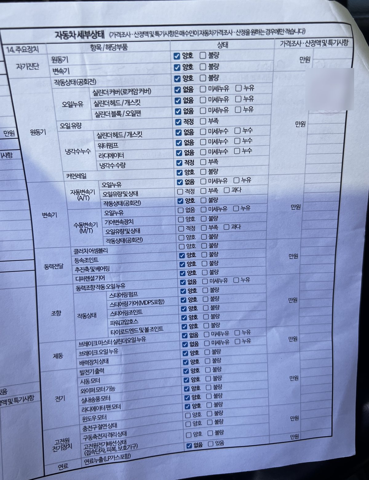 성능·상태점검기록부 둘째 면 자동차 세부상태 - 원동기, 변속기, 동력전달, 조향, 제동, 전기, 연료 항목별 체크